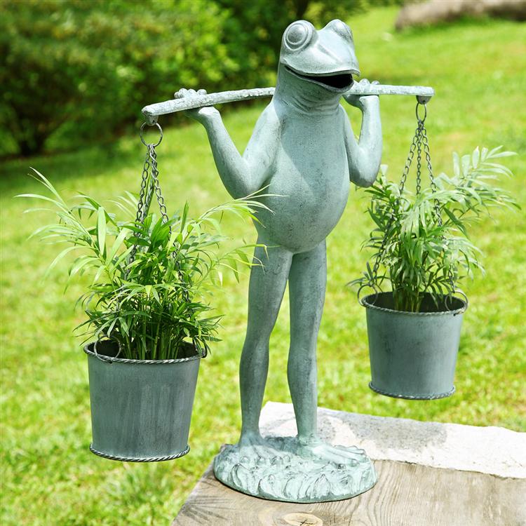 VERDIGRIS FINISH FARMER FROG DOUBLE PLANTER STATUE